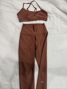 ALO Yoga High-Rise Leggings & Bralette Set in Chocolate Brown/orange